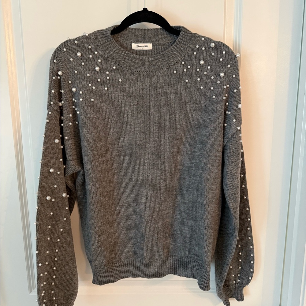 Embellished Crewneck Sweater in Gray with Pearl Detail